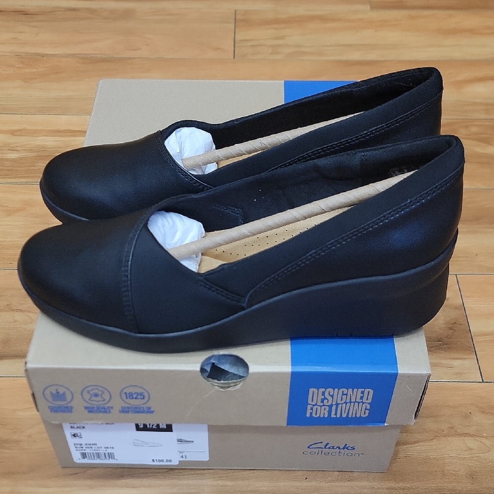 Clarks Black Women's Slip-On Wedge Loafers - Smooth Leather